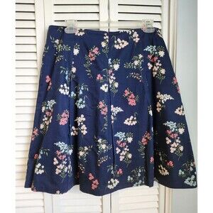 Charter Club Navy & Floral Pleated Knee Length Skirt Lined 10 PETITE 100% Cotton